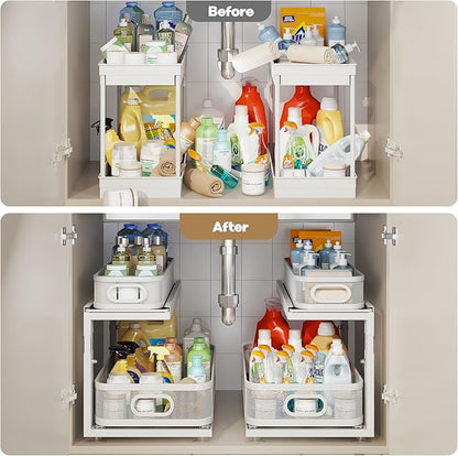 2 Pack 21IN-Depth Under Sink Organizer With Next-Gen Ball-Bearing Slides,2-Tier Precision Mesh Pull Out Cabinet Storage for Bathroom&Kitchen,Height Adjustable Drawers Shelf,Anti-rust-White