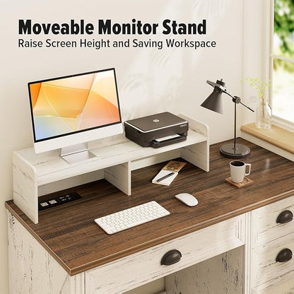 FREDEES Farmhouse Computer Desk with Monitor Stand, 47 in Home Office Desk with LED & Power Outlets, Executive Desk with Drawers for Working Gaming, Writing Table for Bedroom, Antique White