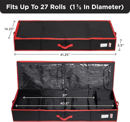 HOLDN’ STORAGE Premium Wrapping Paper Storage Container - Durable 600D Tear-Proof, Fits 27 Rolls Gift Wrap, Extra Pockets for Ribbons & Bows, Underbed Storage - Ideal for Holiday Christmas, Black