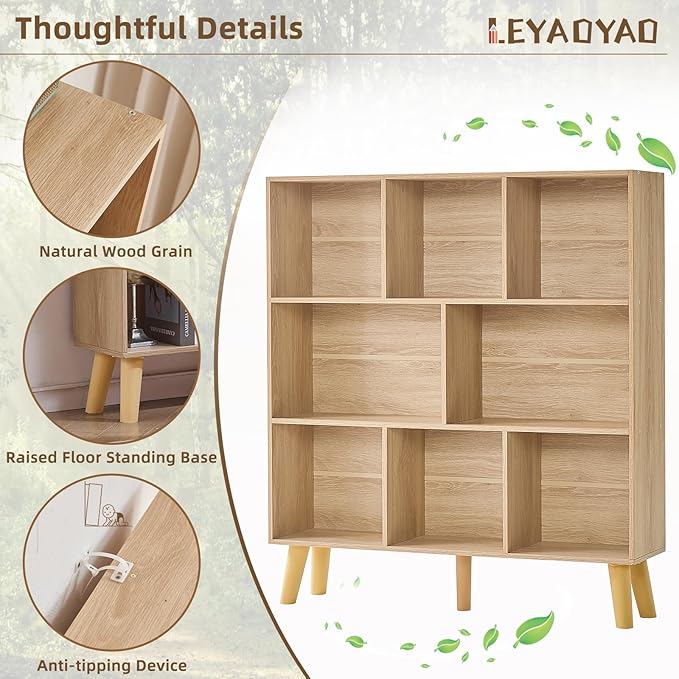 LEYAOYAO 8 Cube Bookshelf,3 Tier Bookcase with Legs,Light Wood Mid-Century Modern Bookshelves,Large Open Storage Organizer Shelf, Wooden Book Case