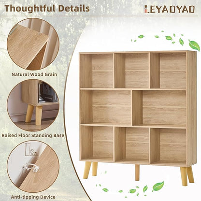 LEYAOYAO 8 Cube Bookshelf,3 Tier Bookcase with Legs,Light Wood Mid-Century Modern Bookshelves,Large Open Storage Organizer Shelf, Wooden Book Case