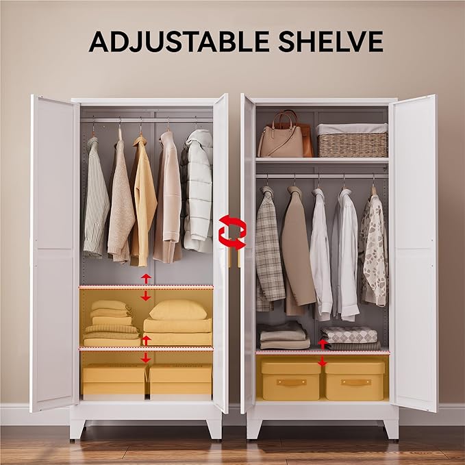 COFaR 71" Metal Wardrobe Closet with Adjustable Hanging Rod & 2 Shelves, Freestanding 2-in-1 Armoire Cabinet with Large Top/Bottom Storage, White Steel Closet Organizer