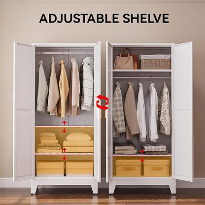 COFaR 71" Metal Wardrobe Closet with Adjustable Hanging Rod & 2 Shelves, Freestanding 2-in-1 Armoire Cabinet with Large Top/Bottom Storage, White Steel Closet Organizer