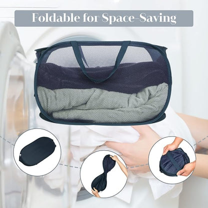 Durable Collapsible Laundry Baskets, Mesh Pop Up Laundry Hamper with Side Pocket, Foldable Clothes Storage Hamper with Reinforced Carry Handles for Laundry, Bathroom, Kids Room, Dorm or Travel Navy