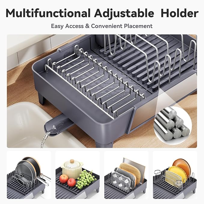 Urackify Large Dish Drying Rack - Expandable Dish Rack for Kitchen Counter, Multifunctional Dish Drainer with Drainboard & Utensil Holder, Anti-Rust, Fits Any Sink, Extendable 16.3" to 23.6" L, Gray