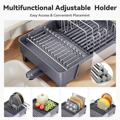Urackify Large Dish Drying Rack - Expandable Dish Rack for Kitchen Counter, Multifunctional Dish Drainer with Drainboard & Utensil Holder, Anti-Rust, Fits Any Sink, Extendable 16.3" to 23.6" L, Gray