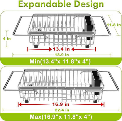 JASIWAY Dish Drying Rack in Sink, Expandable Stainless Steel Dish Drainer for Kitchen Sink, Dish Strainer Rack, Retractable Over Sink Dish Rack with Utensil Holder, 13.4''~16.9''D x 11.8''W, Silver