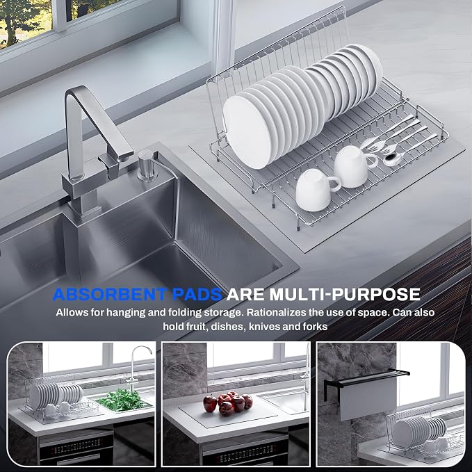 Dish Drying Rack Stainless Steel Collapsible Foldable Small Dish Rack Countertop Portable Drainer with Drying Mat for Kitchen Dorm RV Campers Travel Trailer Space Saving
