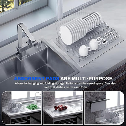 Dish Drying Rack Stainless Steel Collapsible Foldable Small Dish Rack Countertop Portable Drainer with Drying Mat for Kitchen Dorm RV Campers Travel Trailer Space Saving