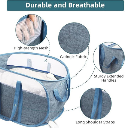 2 Pcs Collapsible Laundry Baskets, Tear Proof Pop Up Laundry Hamper with Dual Handles, Durable Foldable Laundry Basket, Easy to Carry Laundry Hamper for Home, Laundry Room, Bedroom, Dorm, Travel Blue