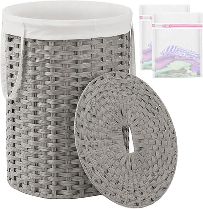 SETVSON Laundry Basket with Lid Round Rattan Laundry Hamper with Lid and Handles 29.1 Gal (110 L) Handwoven Woven Basket with Removable Bags and 2 Mesh Bags for Bathroom Living Room Gray