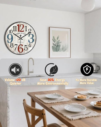 Decorative Wall Clocks Batterys Operated, Retro Wall Clock with Glass Dial, 12-Inch Dial with Roman Numerals, Silent and No Ticking, Suitable for Living Room, Bedroom, Dining Area, Workspace