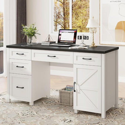 Vabches Farmhouse 61'' Executive Desk with 5 Drawers, Rustic Office Desk Computer Desk with Charging Station, File Drawers and Storage Cabinet, Wood Workstation for Home Office and Study.(Black Top)