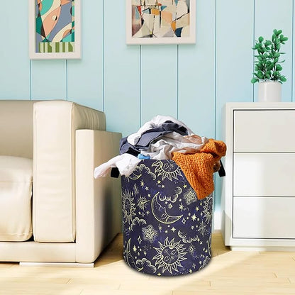 Celestial Sun Stars Moon Laundry Basket Oxford Cloth Funny Laundry Hamper With Handle Foldable Portable Clothes Storage Basket 18.9 X 16.5 In Storage Bag For Laundry Room/Bathroom/Bedroom/Dormitories