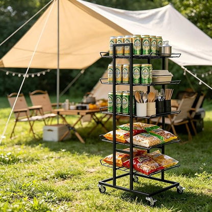Water Bottle Organizer 5 Tier Water Bottle Holder Freestanding Storage Rack with Wheels Metal Drink Beverage Soda Can Organizer Shelf Stand for Floor Pantry Kitchen Classroom Food Storage, Black