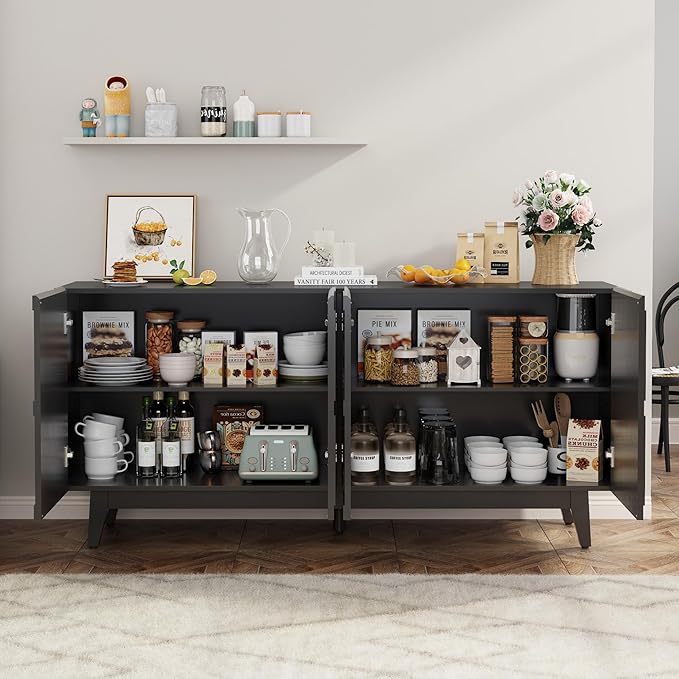 Buffet Cabinet with Storage, Distressed Storage Cabinet with 4 Carved Doors and Adjustable Shelf, Wooden Accent Sideboard Buffet Cabinets for Kitchen, Living Room, Entryway, Black