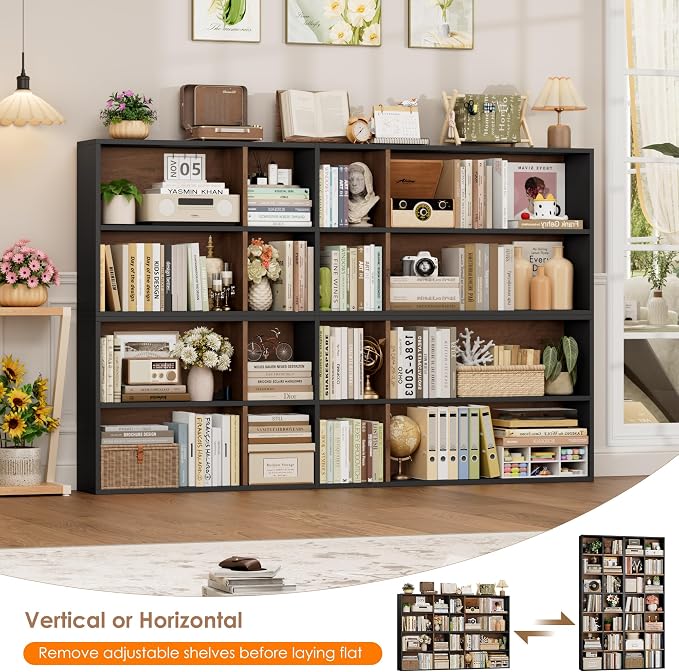 FOTOSOK 71'' Tall Bookshelf with 14 Cubes, 7 Tier Double Wide Wood Bookshelf with 6 Adjustable Shelves, 19.6" Narrow Bookcase DVD/CD Media Storage, Space Saving Display Shelf Cabinet, Black/Brown