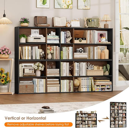 FOTOSOK 71'' Tall Bookshelf with 14 Cubes, 7 Tier Double Wide Wood Bookshelf with 6 Adjustable Shelves, 19.6" Narrow Bookcase DVD/CD Media Storage, Space Saving Display Shelf Cabinet, Black/Brown