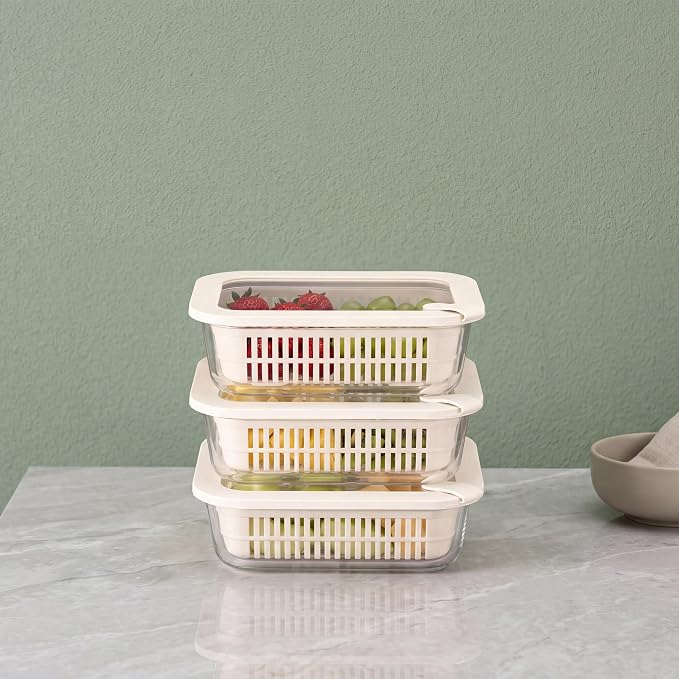 Urban Green Glass Food Storage Containers with Glass Lids, Microwave Safe Food Container Set, Aitight Meal Prep Container Set, BPA Free, 3 extra Colanders, LeakProof, 3 Pack of 35oz