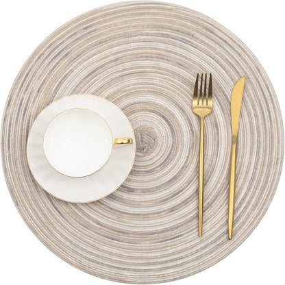 SHACOS Round Braided Placemats 15 inch Set of 4 Variegated Washable Kitchen Table Placemats for Home Wedding Party (Rainbow Gray, 4)