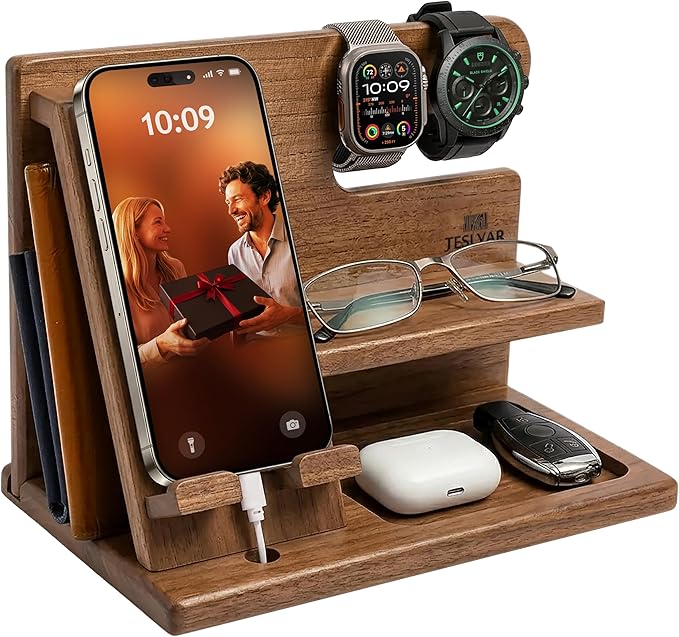 TESLYAR Wood Phone Docking Station for Men - Desktop or Nightstand Organizer - Birthday Gifts for Men, Dad - Anniversary Idea from Wife - Key Holder, Stand Wallet, Watch & Essentials (Earth Beige)