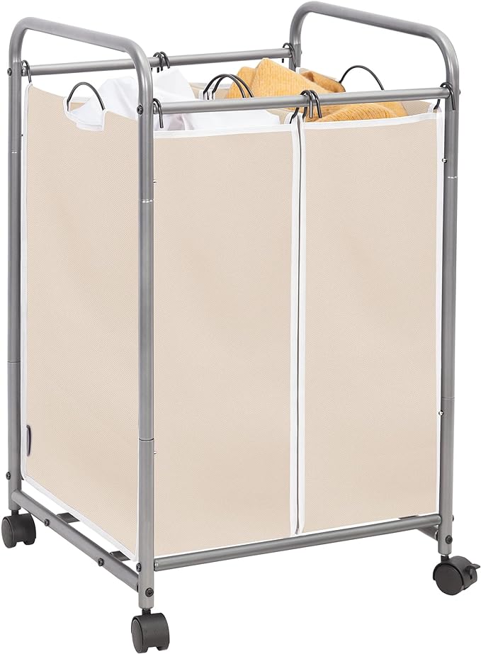 STORAGE MANIAC Laundry Sorter 2 Section, 90 L Gal Laundry Hamper with Wheels, Clothes Basket Separator Sorter, 2 Bag Clothes Cart with Wheels and Removable Bags for Closet, Dorm, Collage, Beige