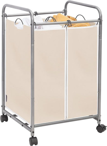STORAGE MANIAC Laundry Sorter 2 Section, 90 L Gal Laundry Hamper with Wheels, Clothes Basket Separator Sorter, 2 Bag Clothes Cart with Wheels and Removable Bags for Closet, Dorm, Collage, Beige