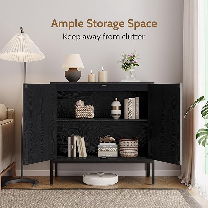 Yechen Full Black Rattan Cabinet, Farmhouse Sideboard Cabinet with Natural Rattan Decorated Doors, Accent Cane Credenza Buffet Console Storage, for Living Room Entryway Kitchen, Metal Legs