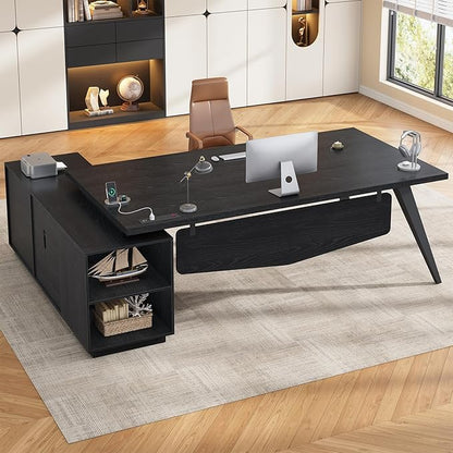 70.3 inch L Shaped Executive Desk with Power Outlets, Large Home Office Desk with Storage Drawers and File Cabinet, Modern Computer Desk with Shelves, Black Business Furniture, Square Tapered Legs