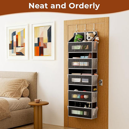 2 Packs 5-Tier Over the Door Storage Organizer with 10 Side Mesh Pockets, 48 lbs Load Capacity, 3 Hooks Design, Hanging Organizer with Clear Windows for Bathroom, Bedroom, Nursery, Kitchen-Black