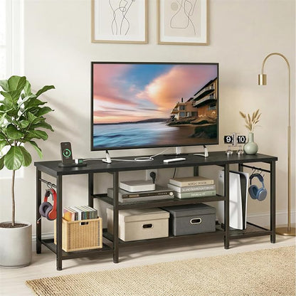 YGEOMER TV Stand for Up to 65 Inch TVs, Entertainment Center with Power Outlet and Open Storage Shelves, TV Media Console Table for Living Room and Bedroom, Black
