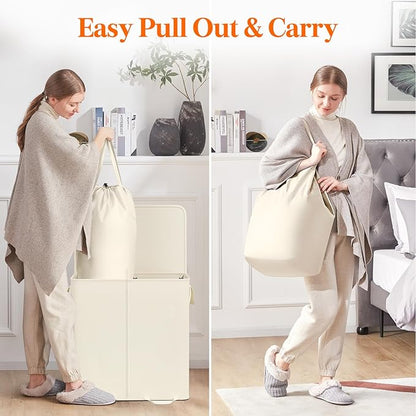 Lifewit Double Laundry Hamper with Lid and Removable Laundry Bags, Large Collapsible 2 Dividers Dirty Clothes Basket with Handles for Bedroom, Laundry Room, Closet, Bathroom, College, 136L Ivory White