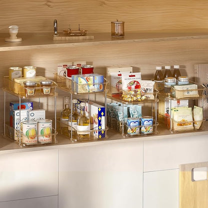 Delamu 2-Tier Under Sink Organizers and Storage, Multi-Purpose Stackable Bathroom Cabinet organizers, Pull Out Kitchen Pantry Organization and Storage with Dividers(4 Pack, Amber)
