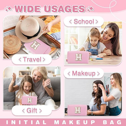 Small Personalized Initial A-Z Patch Makeup Bag,Pink Cute PU Leather Glitter Letter Cosmetic Bag for Teen Girls,Travel Toiletry Bag with Zipper,Preppy Monogrammed Birthday Gift for Daughter Niece H