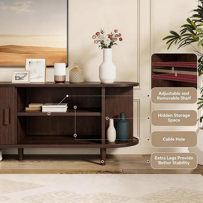 58" Mid Century Modern TV Stand with Power Outlet, Fluted Entertainment Center with Storage and Adjustable Shelves, Wood TV Console with Sliding Doors for Living Room, Walnut