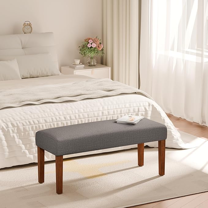 44" Bedroom Bench, Fabric End of Bed Bench, Entryway Benches, Upholstered Ottoman Bench with Wood Legs for Kitchen, Indoor, Living Room and Hallway (Brown)