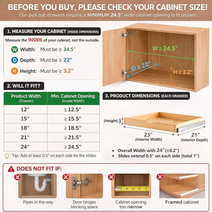 Sintuff 4 Pack Wooden Pull out Tray Cabinet Organizer Gentle Close Roll out Shelves for Kitchen Cabinets Fully Assembled Slide Pantry Shelves (24'' X 21'')