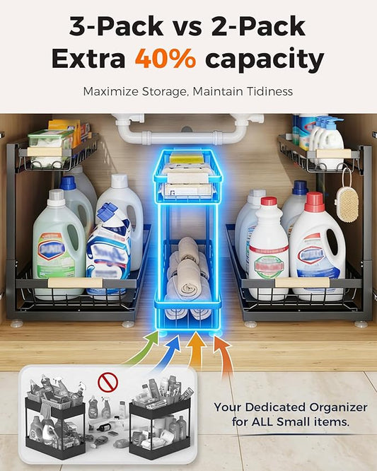 Sevenblue 3 Pack Under Sink Organizer, Height Adjustable 2 Tier Pull-Out Metal Under Kitchen Sink Organizer, Multi-Purpose Storage Shelves for Kitchen Bathroom Cabinet, Black