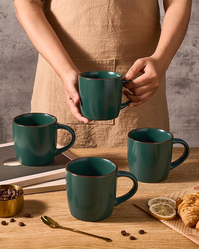 famiware Mercury Coffee Mugs 13 oz, Coffee Mugs Set of 4 with Handle, Cups for Latte, Hot Tea, Cappuccino, Mocha, Cocoa, Dark Green