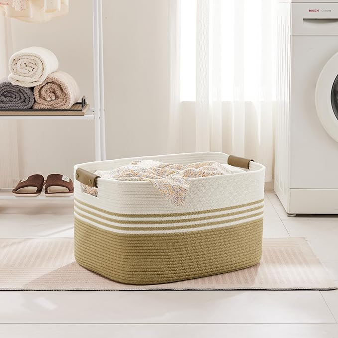 SunNewt 72L Large Laundry Basket with Leather Handles for Living Room Storage, Woven Rope Baskets Bin for Blanket, Kids Toy, Gifts, Wicker Hamper for Bedroom Dirty Clothes, 22"x17"x12" Khaki