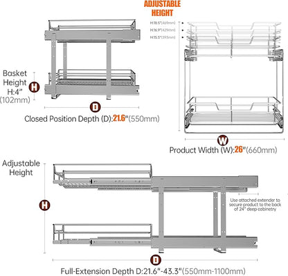 JOWBOOW (26" W x 22" D 2-Tier Cabinet Roll Out Shelves | Extra Wide Slide Out Drawers for Kitchen Cabinets, Heavy Duty Pull Out Cabinet Organizer 22 Inch Deep