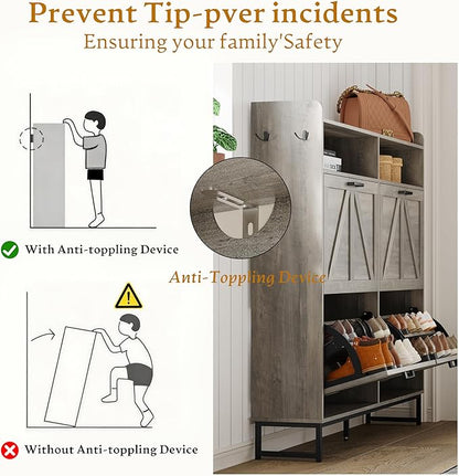 Shoe Cabinet Storage for Entryway, Shoe Storage Cabinet with 4 Flip Drawers, Freestanding Narrow Shoe Rack Organizer with Metal Legs, Adjustable Shelves & Open Storage for Foyer, Hallway, Grey