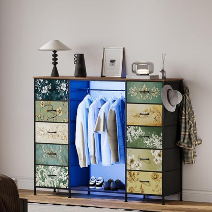 LUMTOK 55" W 2-in-1 Dresser with Hanging Rack, 10 Drawers Dresser for Bedroom,Dressers with Fabric Drawers,LED Lights, Charging Station and Hanging Racks for Bedroom (Retro Pattern)