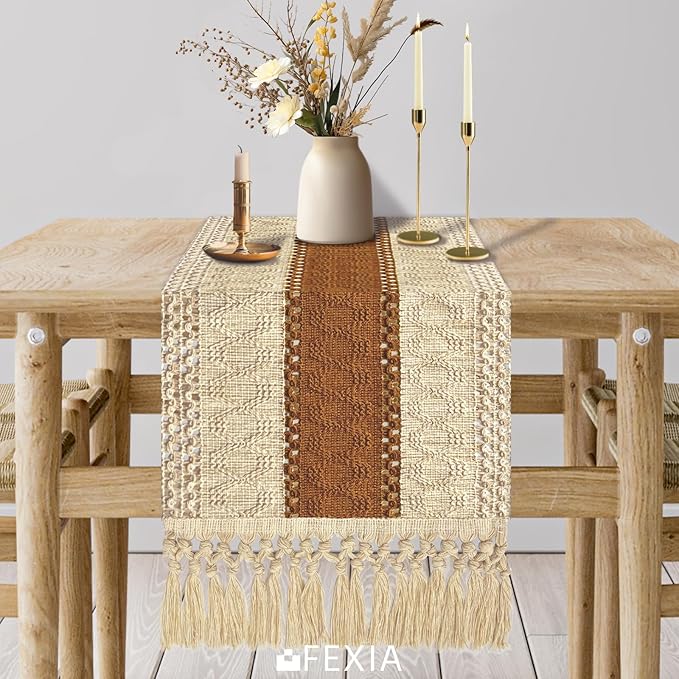FEXIA Boho Table Runner 60 Inches Long Macrame Summer Decor Coffee Table Cover Farmhouse Stylewith Tassels for Party Bohemian Rustic Wedding Bridal Shower Dining Room Middle Brown (12x60 Inches)