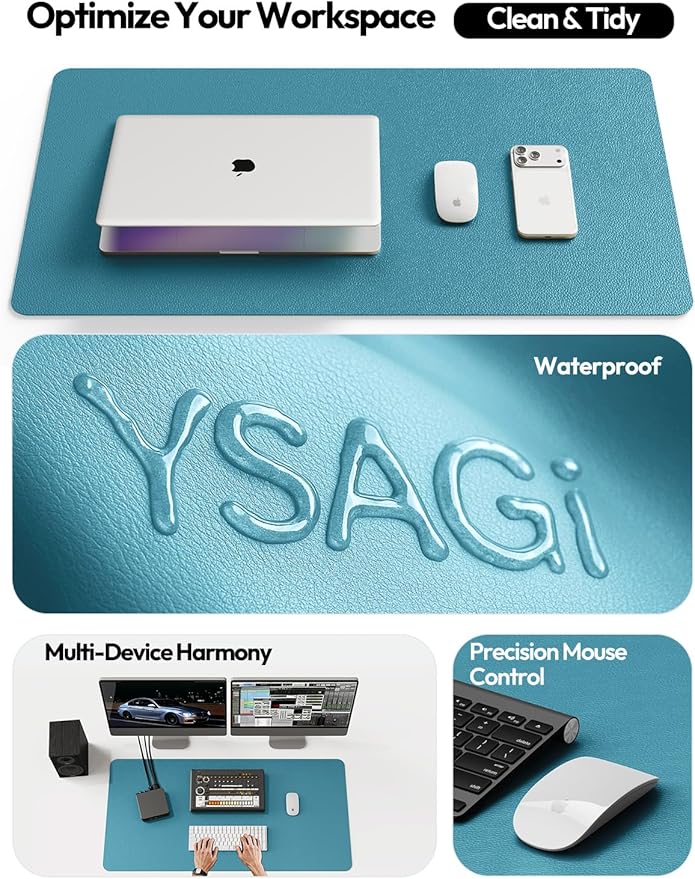 YSAGi Leather Desk Pad Protector, Office Desk Mat, Large Mouse Pad, Non-Slip PU Leather Desk Blotter, Laptop Desk Pad, Waterproof Desk Writing Pad for Office and Home (Turquoise,47" x 17")