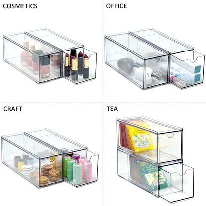 Youngever 3 Drawers Plastic Kitchen Pantry Stackable Storage Organizer, Plastic Tea Packet Organizers, Stackable Tea Bag Holder, 9" x 3" x 3.5" (Pack of 2)