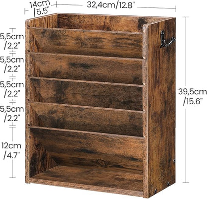 CHOEZON Wall File Organizer, 6-Tier Vertical Mount Hanging Holder with 2 Side Hooks, Vintage Wooden Magazine Storage Crate with Bottom Flat Tray, Desk Organizer, for Office, Home, Rustic Brown MWJ01FG