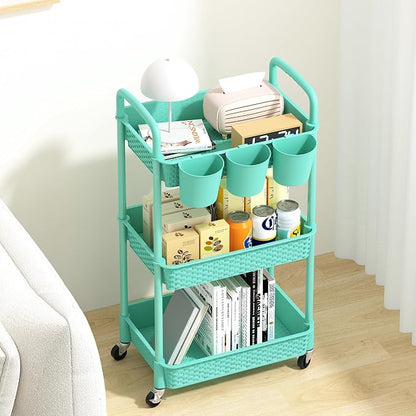 MOYIPIN 3-Tier Plastic Rolling Utility Cart with Handle,Utility Storage Cart for Office, Living Room, Kitchen,Movable Storage Organizer Shelves,Turquoise with 3 Hanging Cups