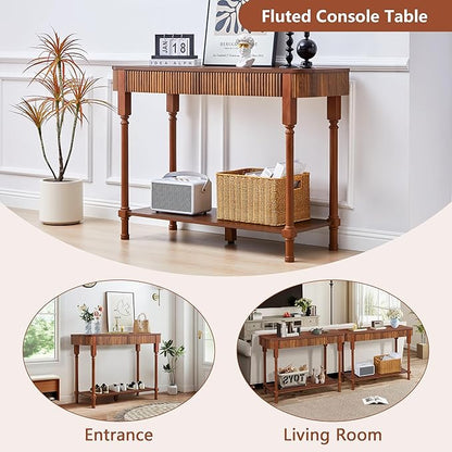 Fluted Console Table for Entryway, 43.3'' Narrow Entryway Tables with 2 Wooden Drawers, Retro Sofa Table Behind Couch Accent Tables for Foyer, Living Room, Hallway (Walnut)