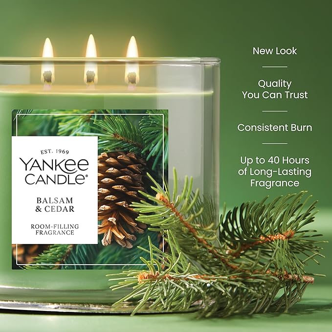 Yankee Candle Balsam and Cedar, Holiday Scented Candle, 14.5oz 3-Wick Candle Jar with up to 40 Hours Burn Time, Giftable, Holiday